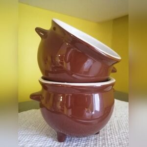 Vintage Hall USA Glossy Brown Pottery Cauldron Footed Small Bowls (2)